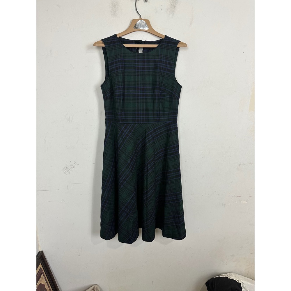 Talbots Plaid Wool Blend Sleeveless Fit Flare Dress Green Navy Purple Size 4